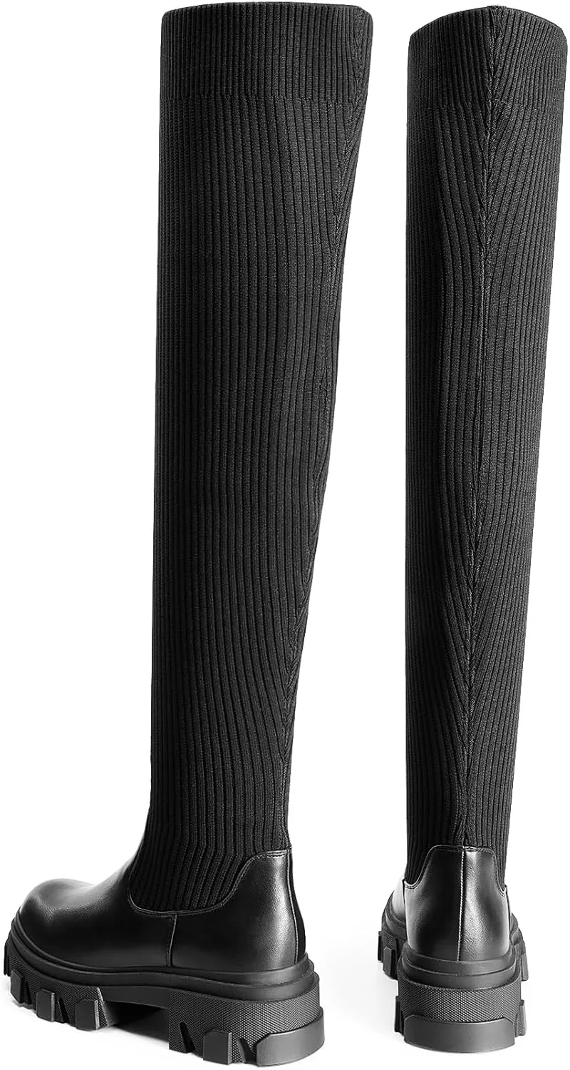 DREAM PAIRS Women's Over The Knee Platform Thigh High Boots Long Stretch Soft Chunky Lug Sole Fall Boots