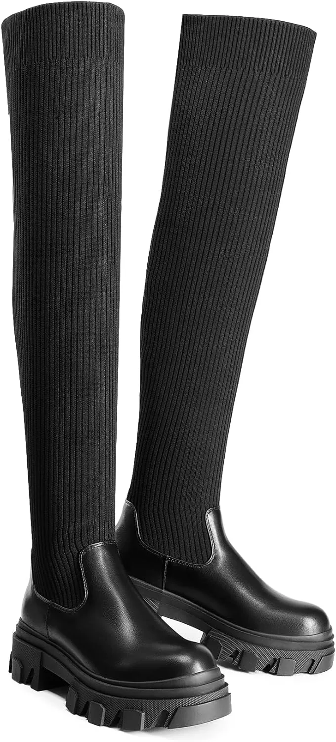 DREAM PAIRS Women's Over The Knee Platform Thigh High Boots Long Stretch Soft Chunky Lug Sole Fall Boots