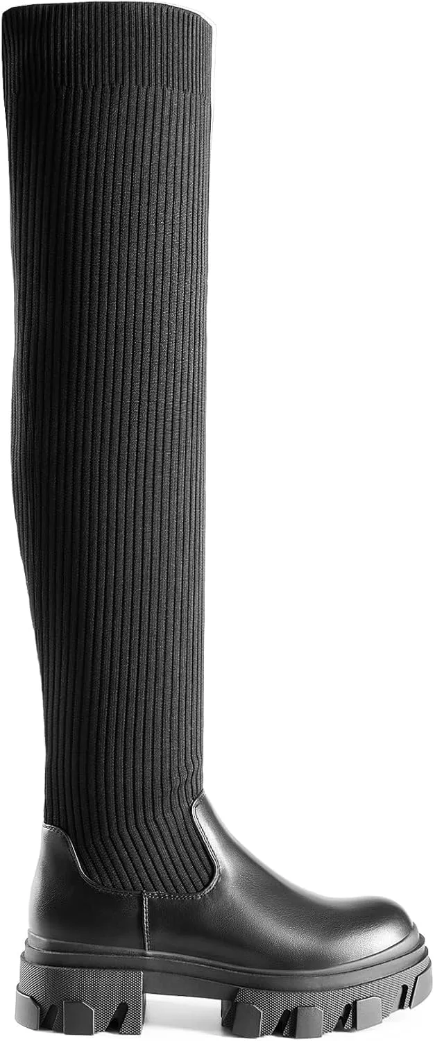 DREAM PAIRS Women's Over The Knee Platform Thigh High Boots Long Stretch Soft Chunky Lug Sole Fall Boots