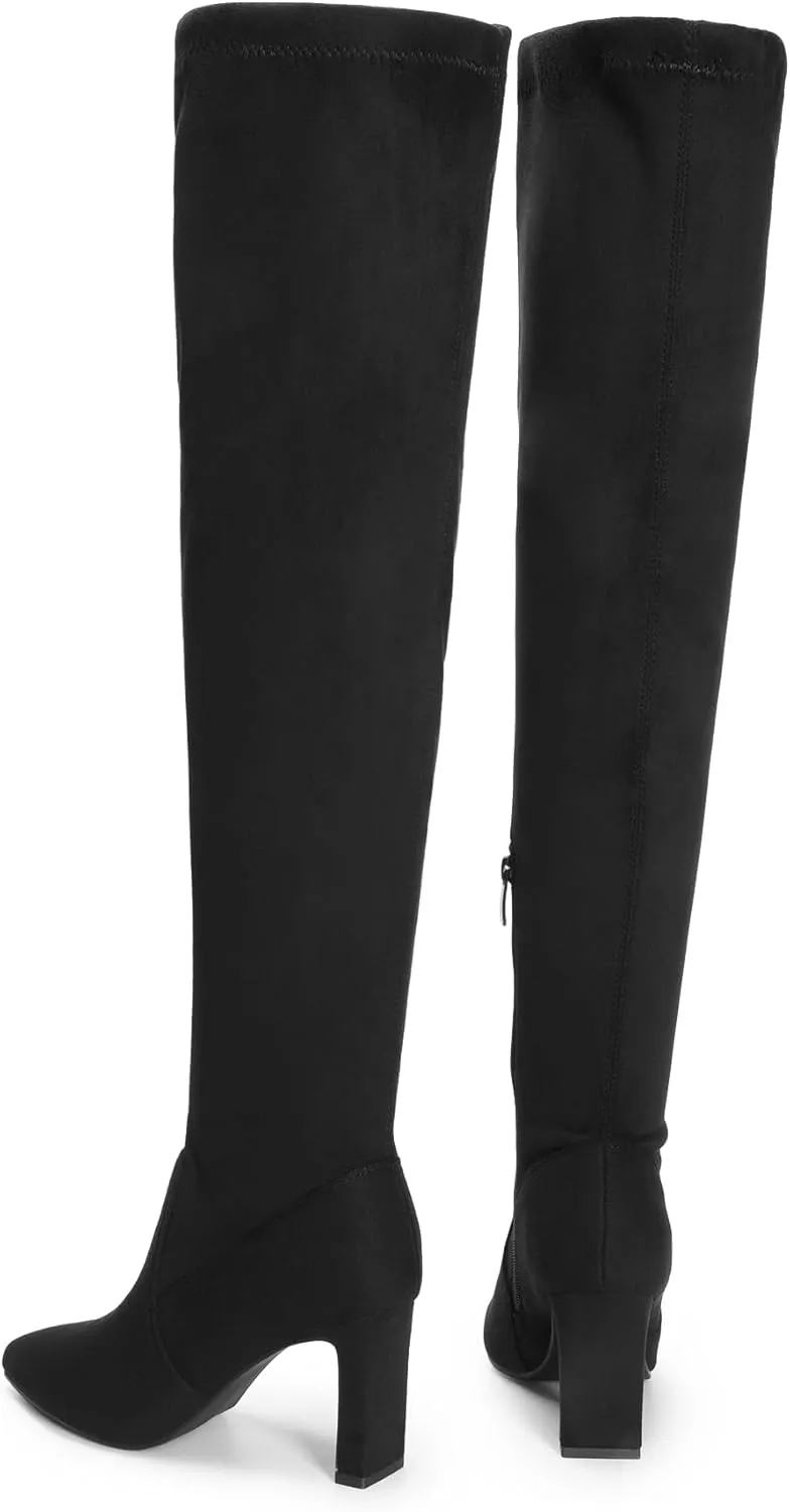 DREAM PAIRS Women's Over The Knee Stretch Thigh High Boots Chunky High Heels Pointed Toe Long Fall Boots