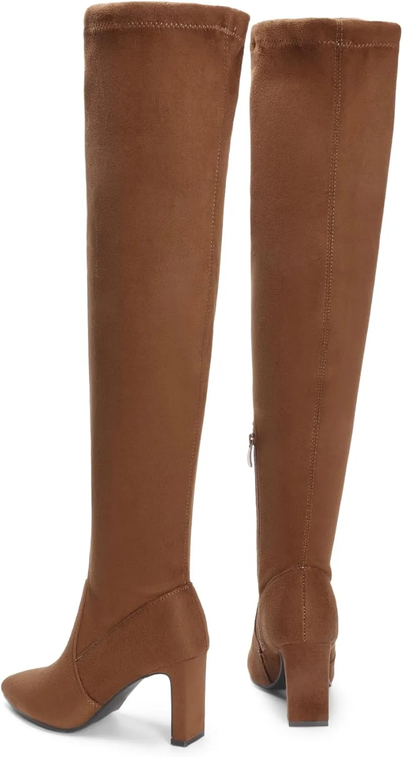 DREAM PAIRS Women's Over The Knee Stretch Thigh High Boots Chunky High Heels Pointed Toe Long Fall Boots