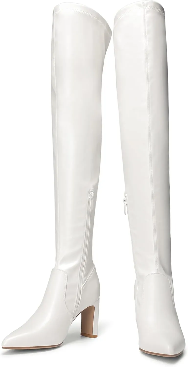 DREAM PAIRS Women's Over The Knee Stretch Thigh High Boots Chunky High Heels Pointed Toe Long Fall Boots