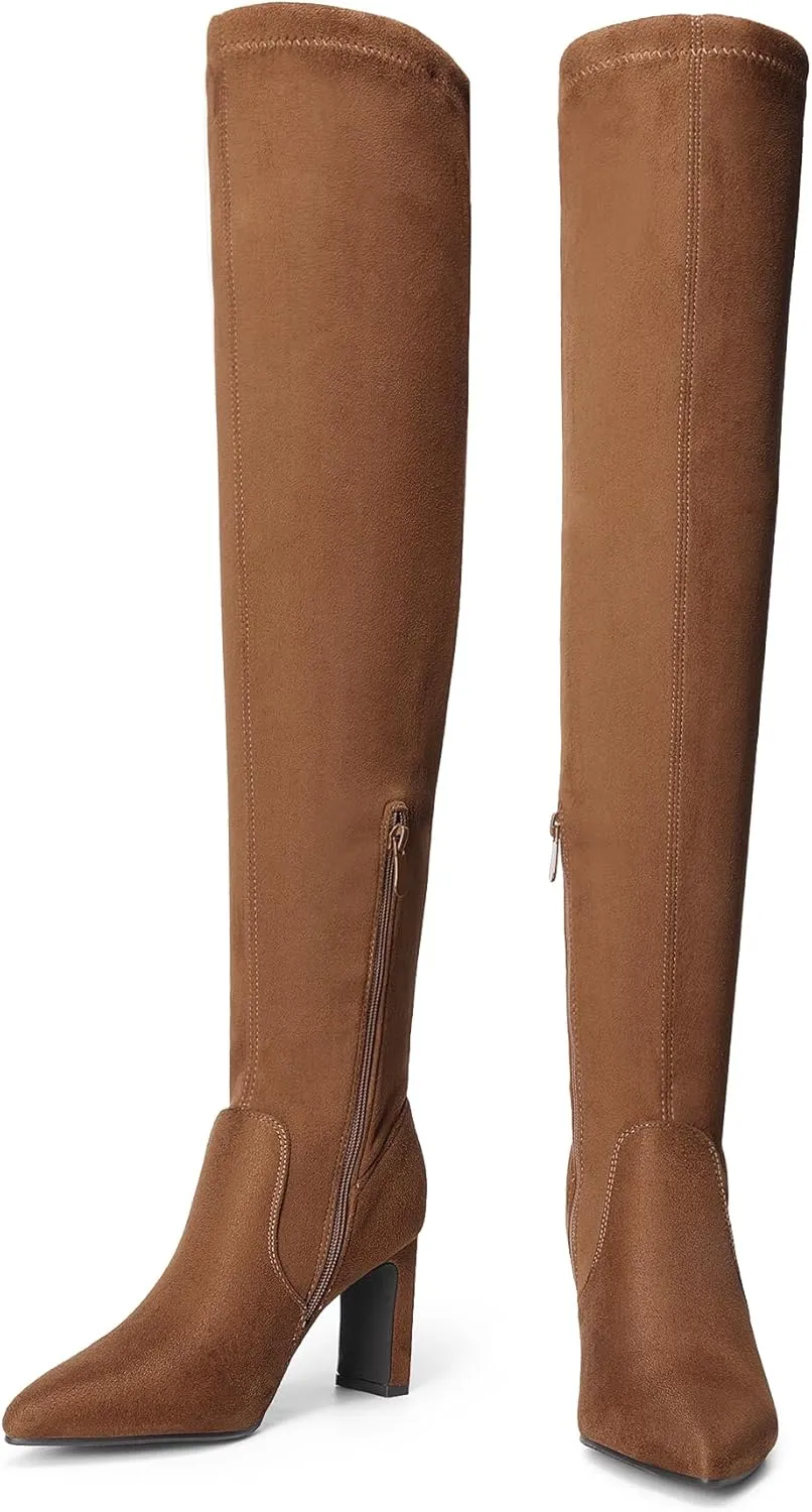 DREAM PAIRS Women's Over The Knee Stretch Thigh High Boots Chunky High Heels Pointed Toe Long Fall Boots