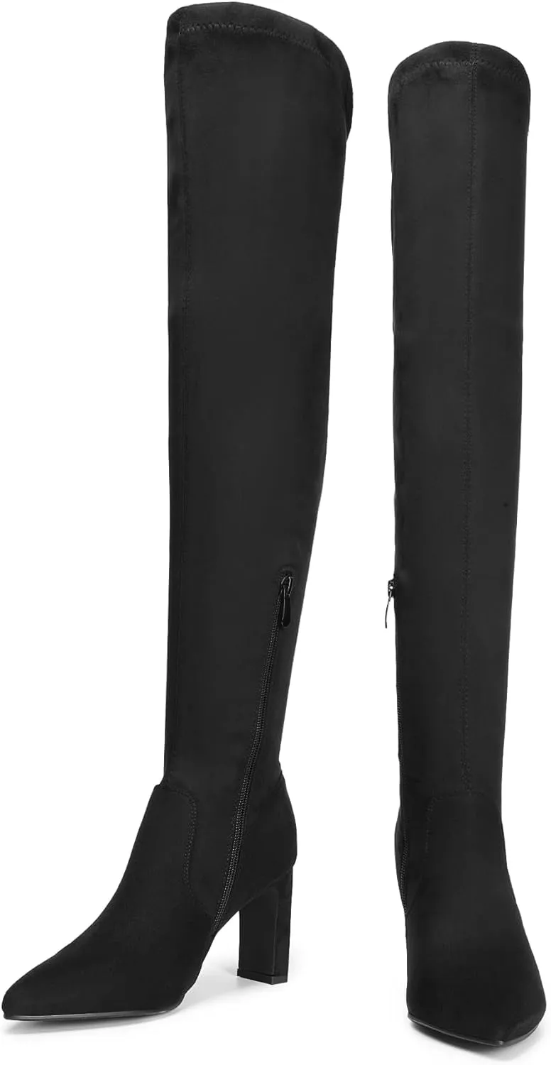 DREAM PAIRS Women's Over The Knee Stretch Thigh High Boots Chunky High Heels Pointed Toe Long Fall Boots