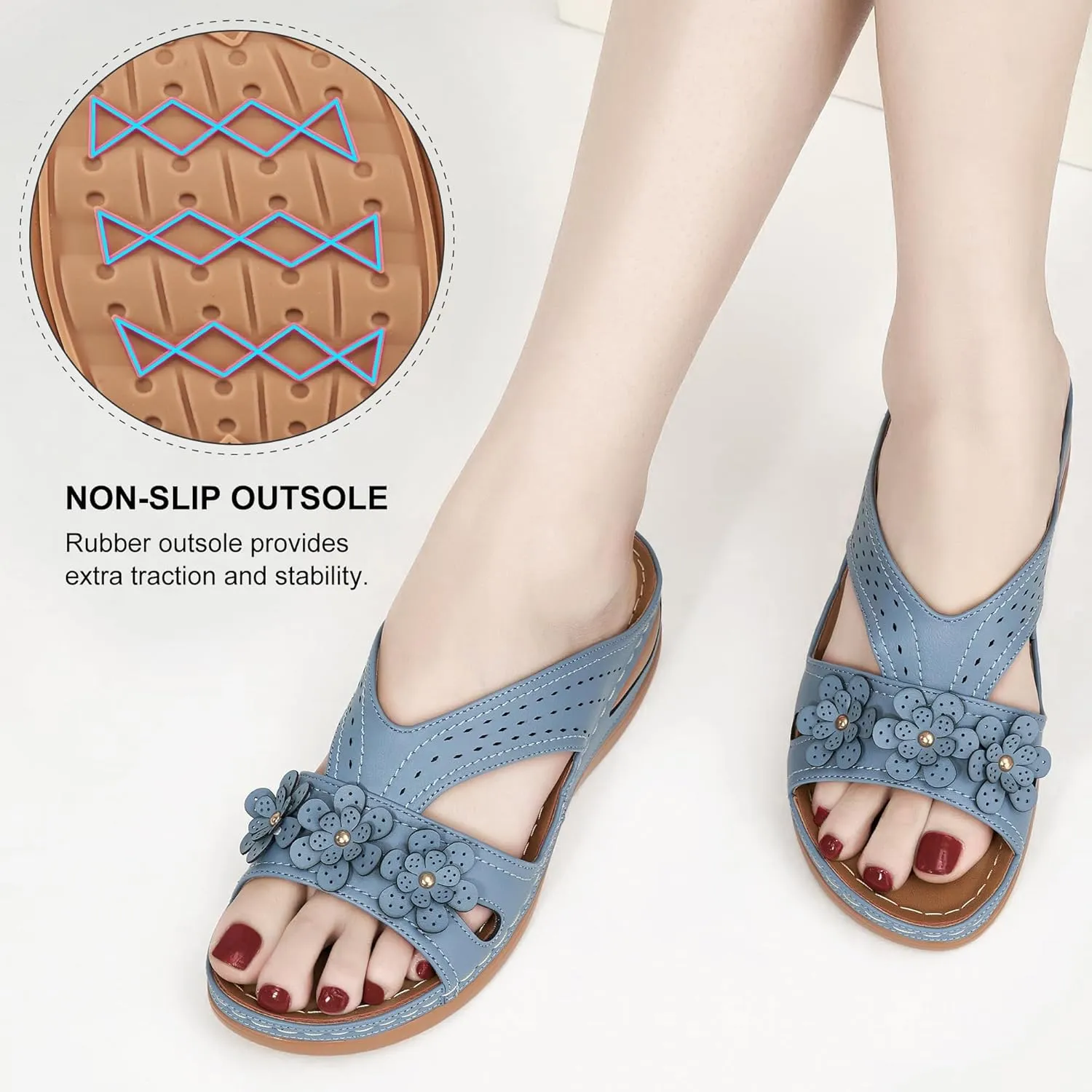 Ecetana Womens Sandals Dressy Summer Comfortable Slides with Flowers Casual Non Slip Platform Lightweight Wedge Shoes
