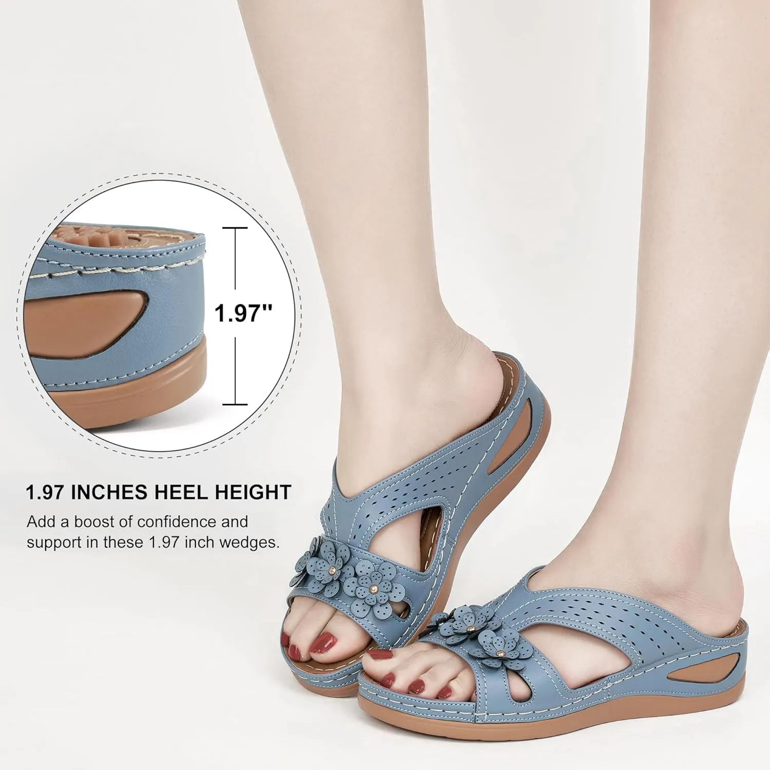 Ecetana Womens Sandals Dressy Summer Comfortable Slides with Flowers Casual Non Slip Platform Lightweight Wedge Shoes
