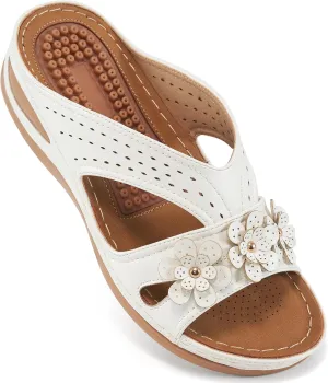 Ecetana Womens Sandals Dressy Summer Comfortable Slides with Flowers Casual Non Slip Platform Lightweight Wedge Shoes