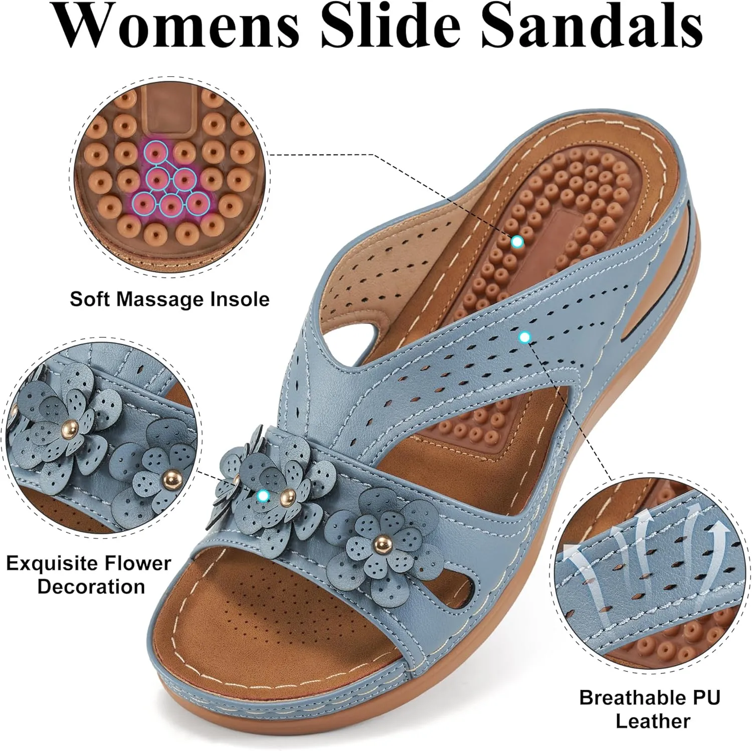 Ecetana Womens Sandals Dressy Summer Comfortable Slides with Flowers Casual Non Slip Platform Lightweight Wedge Shoes