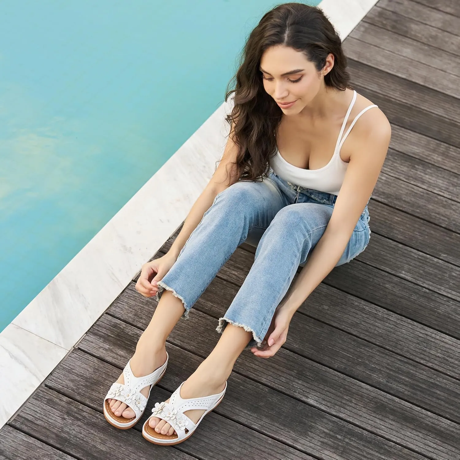 Ecetana Womens Sandals Dressy Summer Comfortable Slides with Flowers Casual Non Slip Platform Lightweight Wedge Shoes