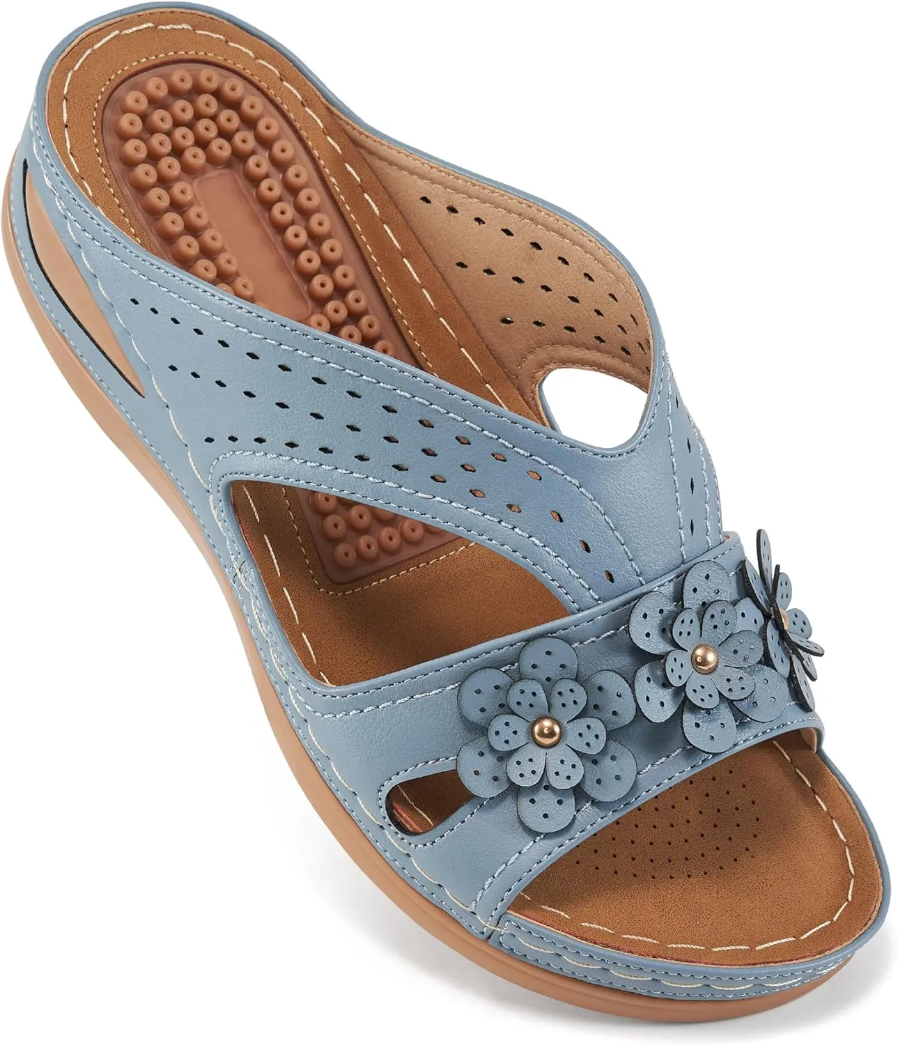 Ecetana Womens Sandals Dressy Summer Comfortable Slides with Flowers Casual Non Slip Platform Lightweight Wedge Shoes