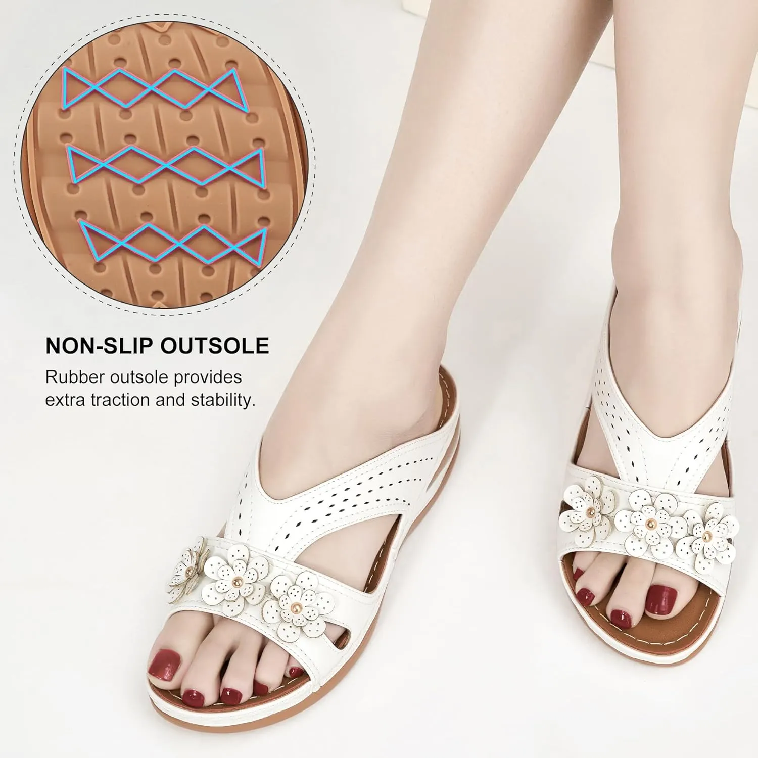 Ecetana Womens Sandals Dressy Summer Comfortable Slides with Flowers Casual Non Slip Platform Lightweight Wedge Shoes