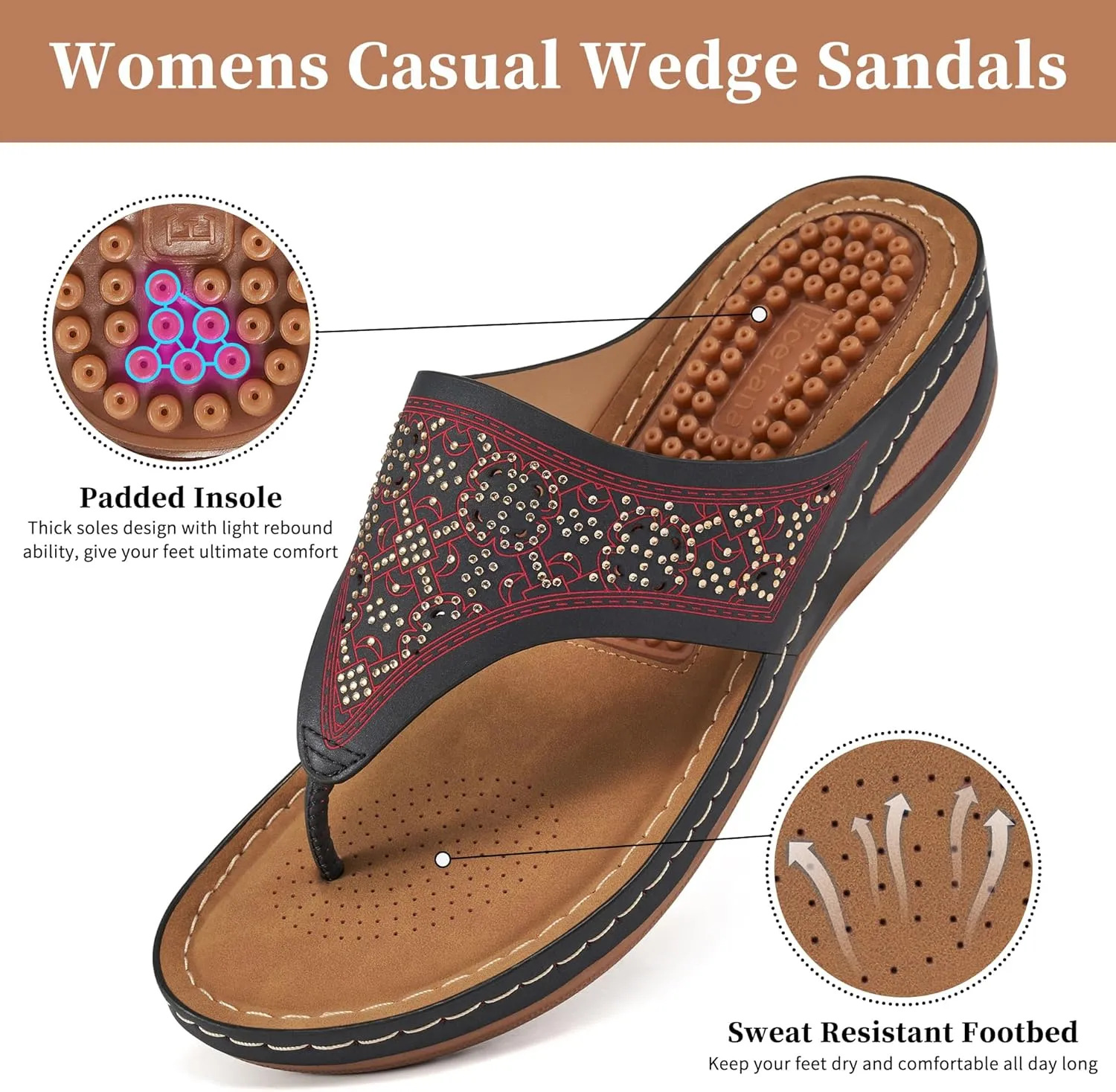 Ecetana Womens Sandals Dressy Wedge: Comfortable Summer Flip Flops Non Slip Rhinestone Platform Shoes Ladies Casual Beach Sandals for Women