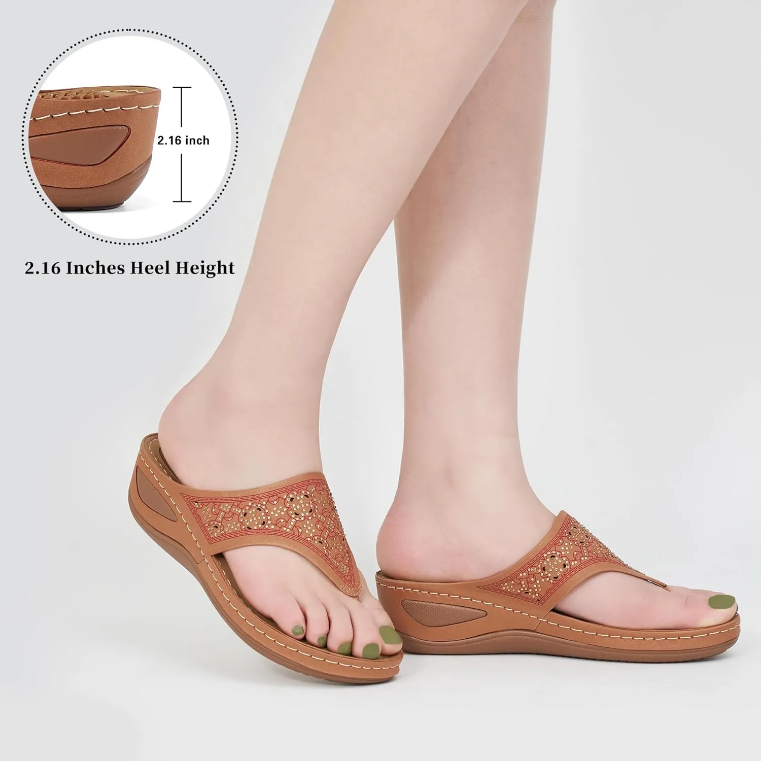 Ecetana Womens Sandals Dressy Wedge: Comfortable Summer Flip Flops Non Slip Rhinestone Platform Shoes Ladies Casual Beach Sandals for Women