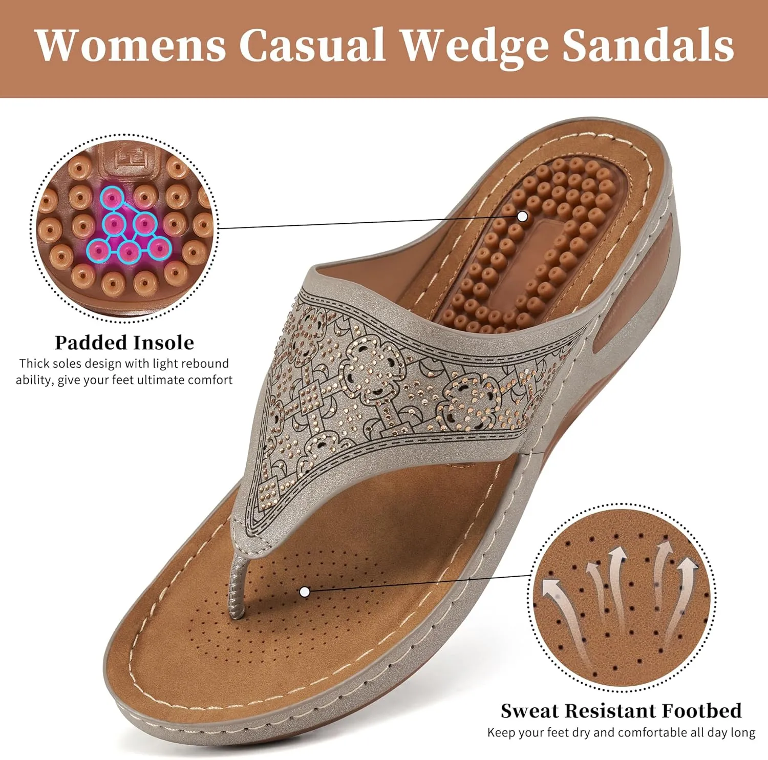 Ecetana Womens Sandals Dressy Wedge: Comfortable Summer Flip Flops Non Slip Rhinestone Platform Shoes Ladies Casual Beach Sandals for Women