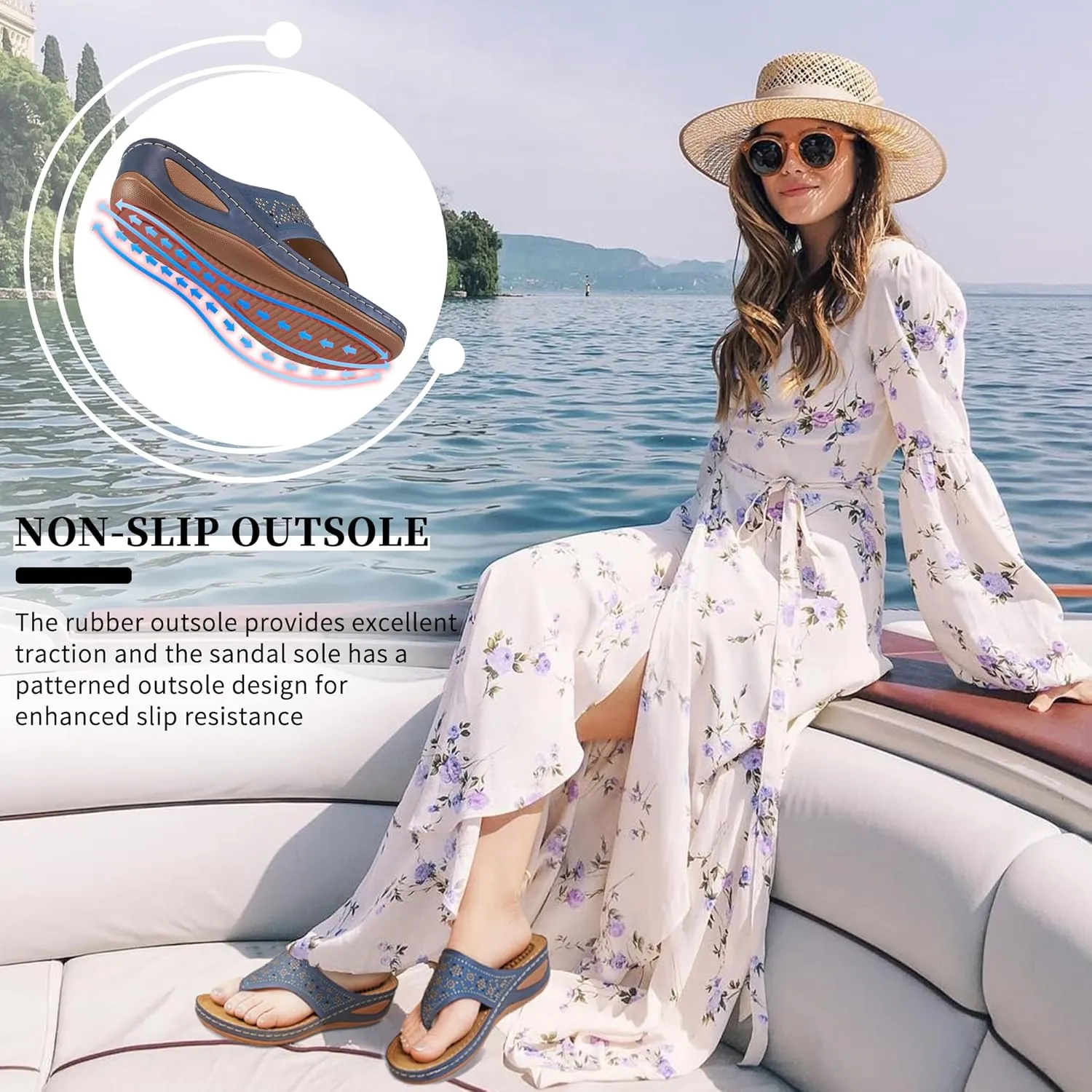 Ecetana Womens Sandals Dressy Wedge: Comfortable Summer Flip Flops Non Slip Rhinestone Platform Shoes Ladies Casual Beach Sandals for Women