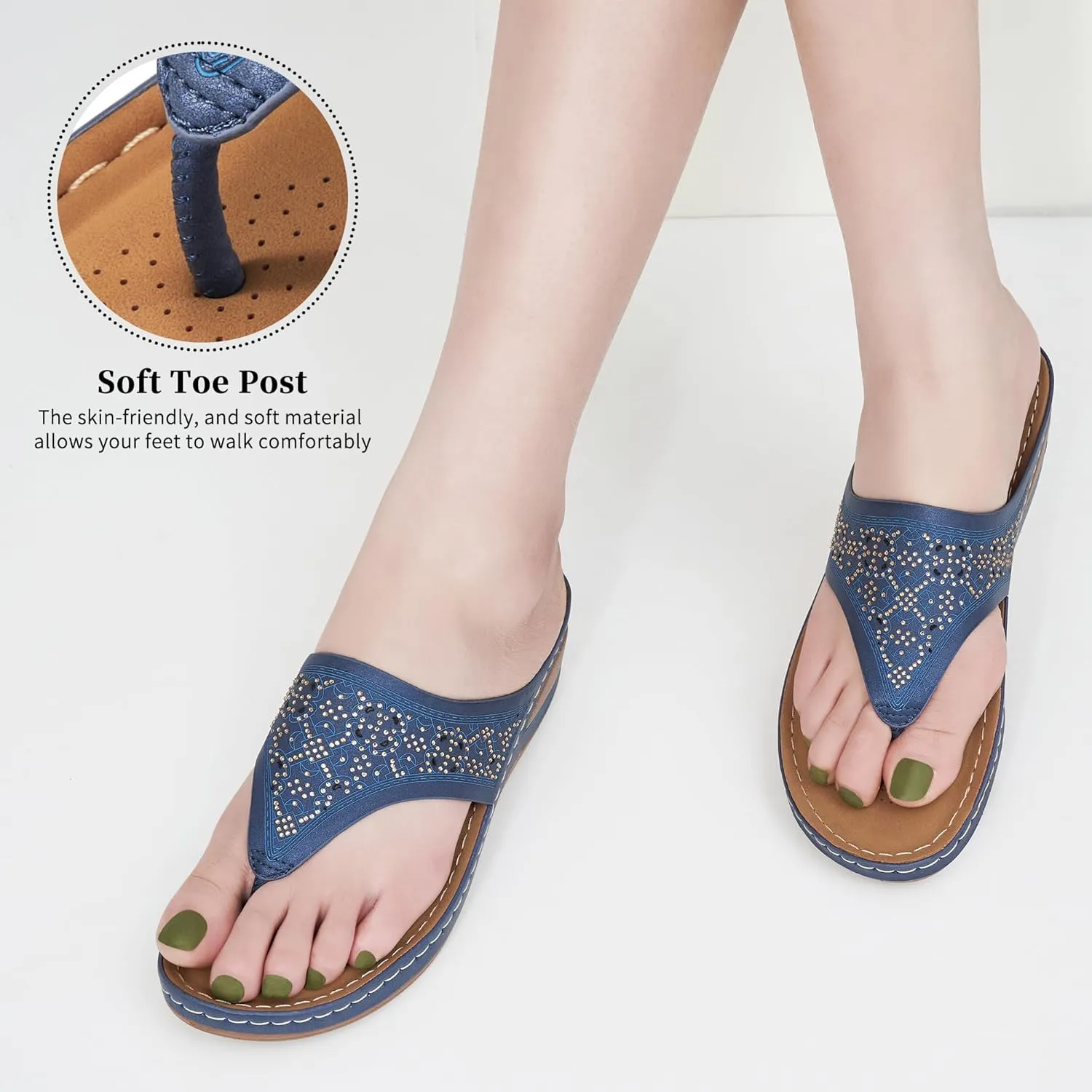 Ecetana Womens Sandals Dressy Wedge: Comfortable Summer Flip Flops Non Slip Rhinestone Platform Shoes Ladies Casual Beach Sandals for Women