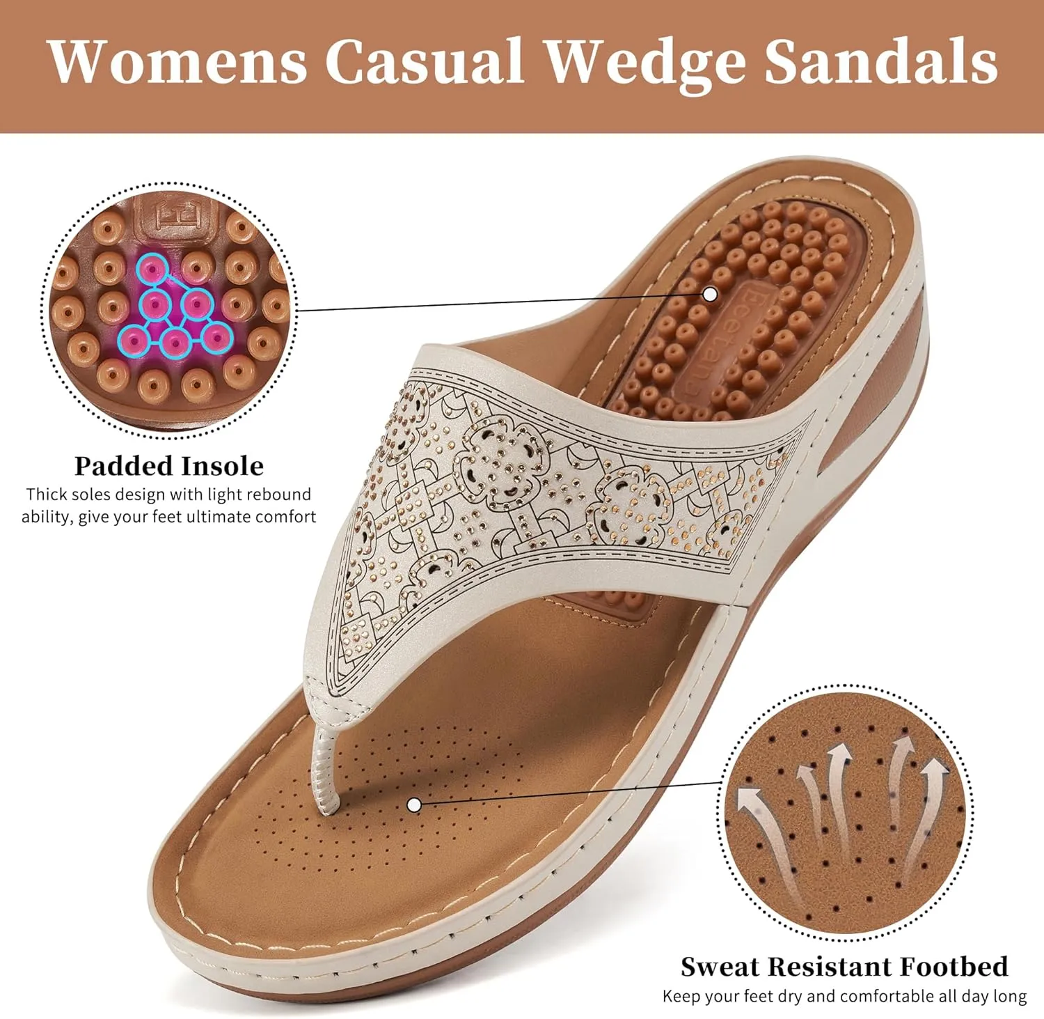 Ecetana Womens Sandals Dressy Wedge: Comfortable Summer Flip Flops Non Slip Rhinestone Platform Shoes Ladies Casual Beach Sandals for Women