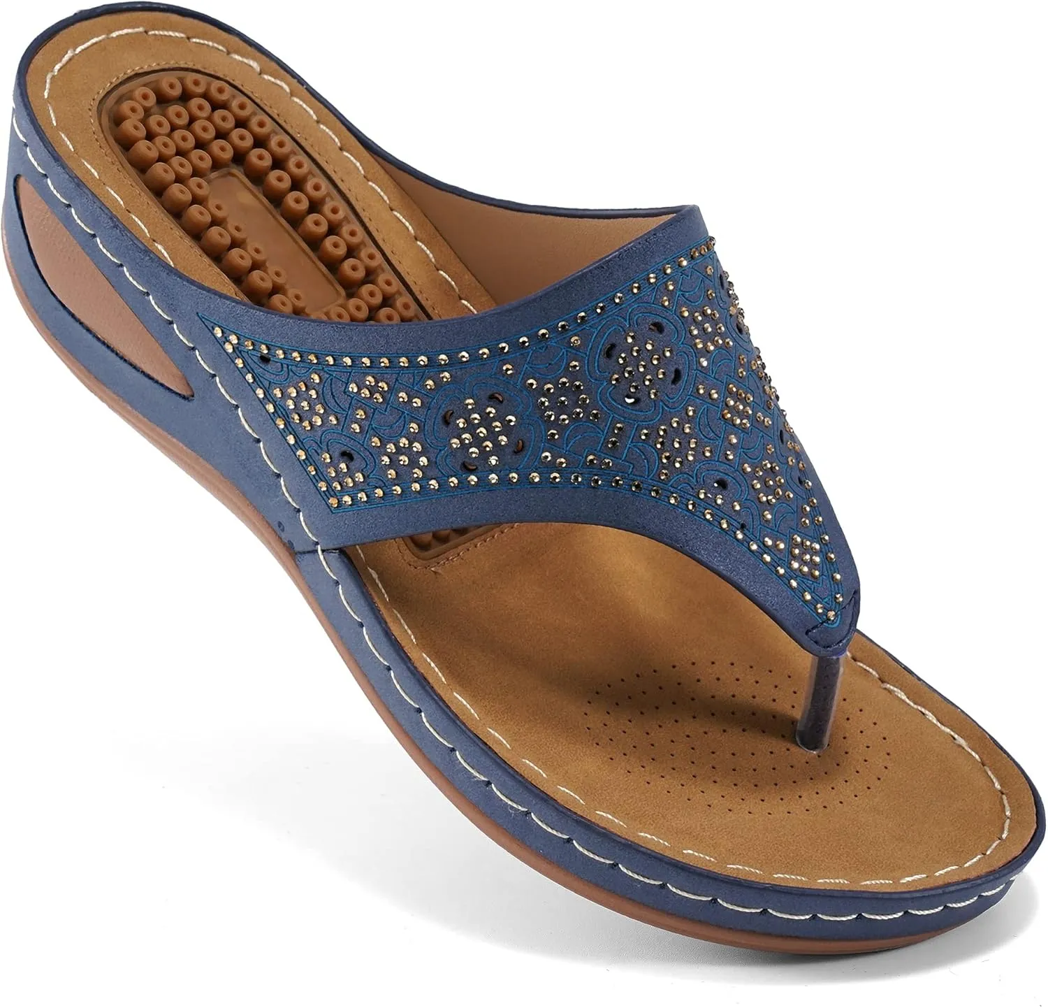 Ecetana Womens Sandals Dressy Wedge: Comfortable Summer Flip Flops Non Slip Rhinestone Platform Shoes Ladies Casual Beach Sandals for Women