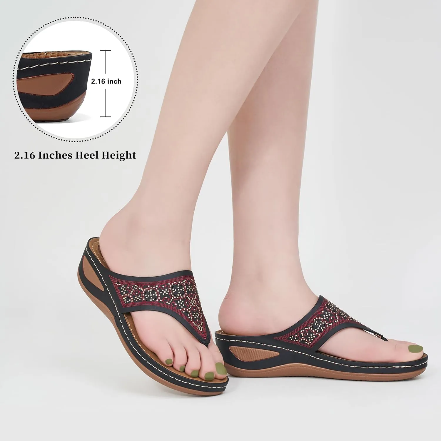 Ecetana Womens Sandals Dressy Wedge: Comfortable Summer Flip Flops Non Slip Rhinestone Platform Shoes Ladies Casual Beach Sandals for Women