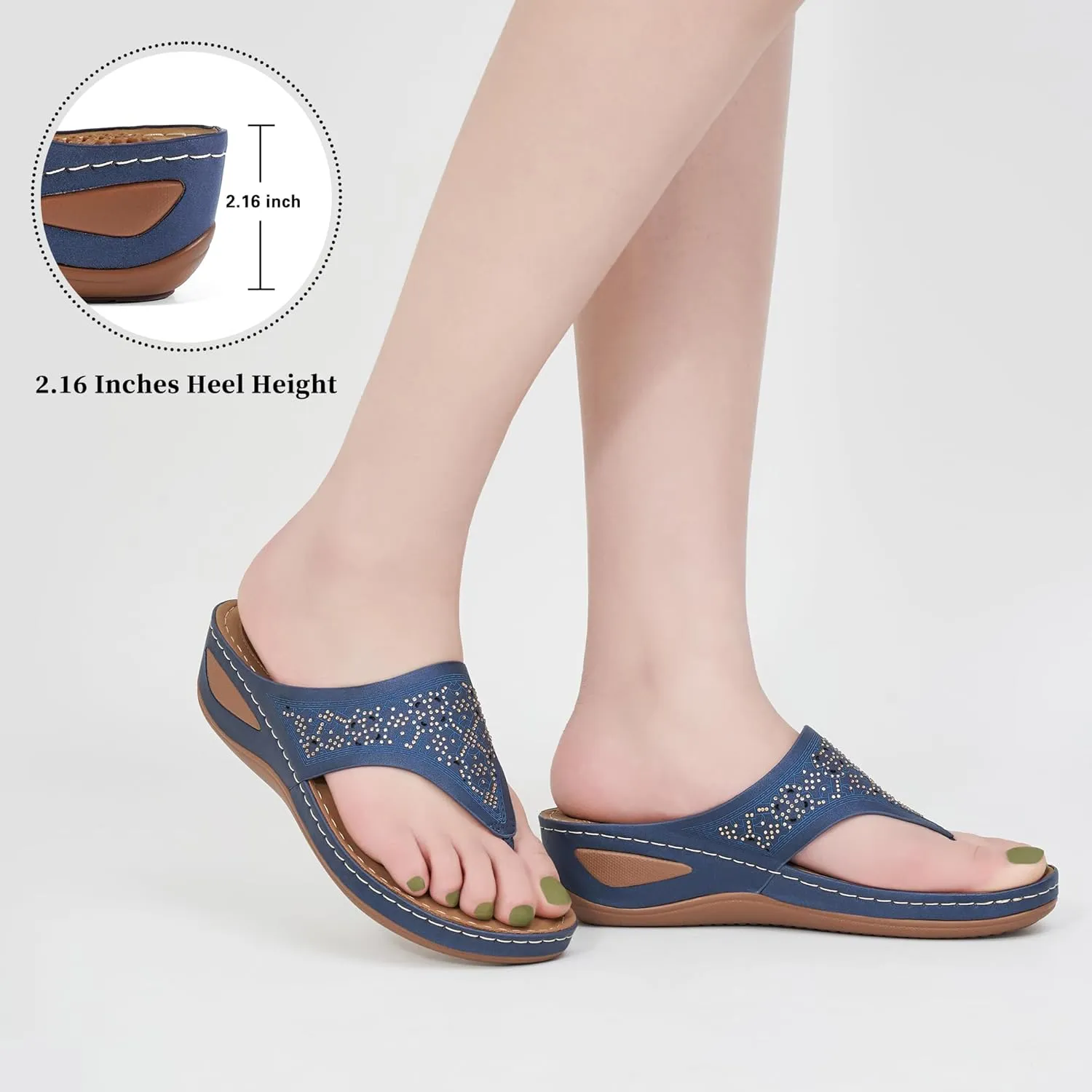 Ecetana Womens Sandals Dressy Wedge: Comfortable Summer Flip Flops Non Slip Rhinestone Platform Shoes Ladies Casual Beach Sandals for Women