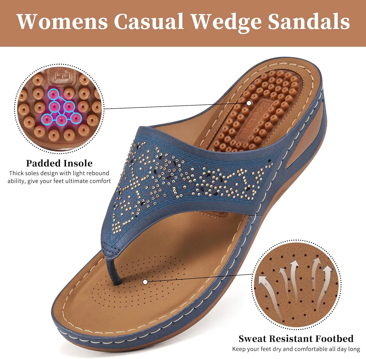 Ecetana Womens Sandals Dressy Wedge: Comfortable Summer Flip Flops Non Slip Rhinestone Platform Shoes Ladies Casual Beach Sandals for Women