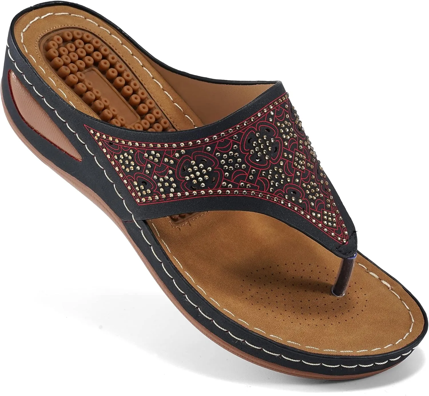 Ecetana Womens Sandals Dressy Wedge: Comfortable Summer Flip Flops Non Slip Rhinestone Platform Shoes Ladies Casual Beach Sandals for Women