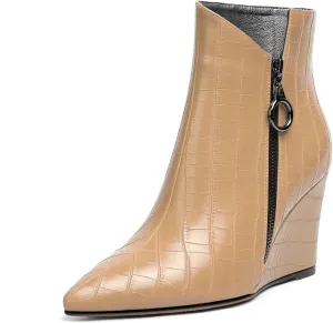 Eldof Wedge Heel Ankle Boots for Women with Zip Closure Pointed Toe Wedge Booties Party Dress Fashion Short Booties 3.5 Inch