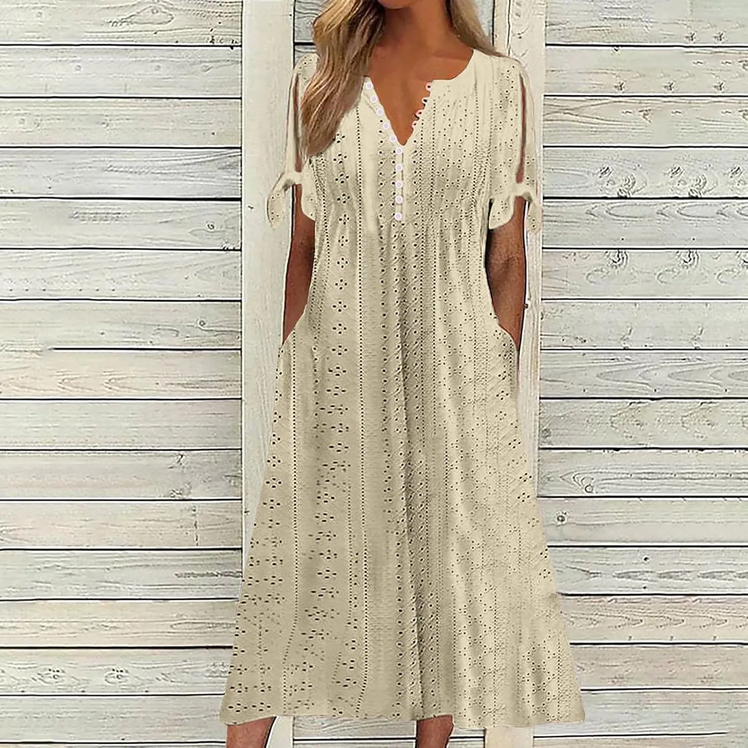 Elegant Summer Dresses for Women 2024 Trendy Tie Short Sleeve Button Down v Neck Eyelet Maxi Long Tshirt Dress