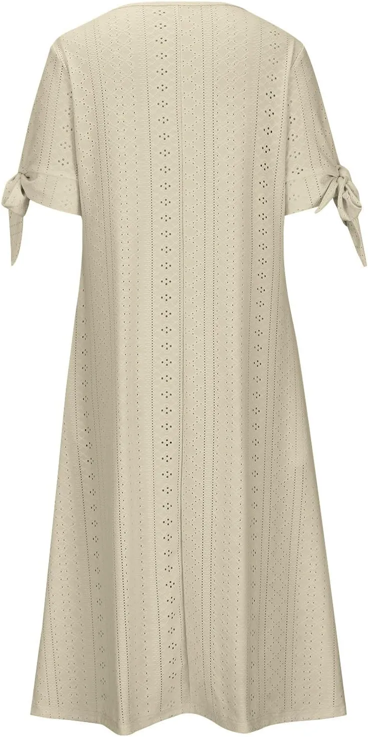 Elegant Summer Dresses for Women 2024 Trendy Tie Short Sleeve Button Down v Neck Eyelet Maxi Long Tshirt Dress