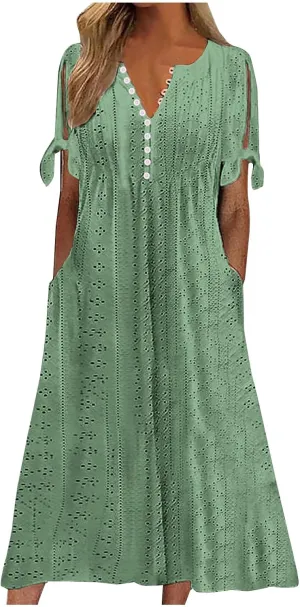 Elegant Summer Dresses for Women 2024 Trendy Tie Short Sleeve Button Down v Neck Eyelet Maxi Long Tshirt Dress