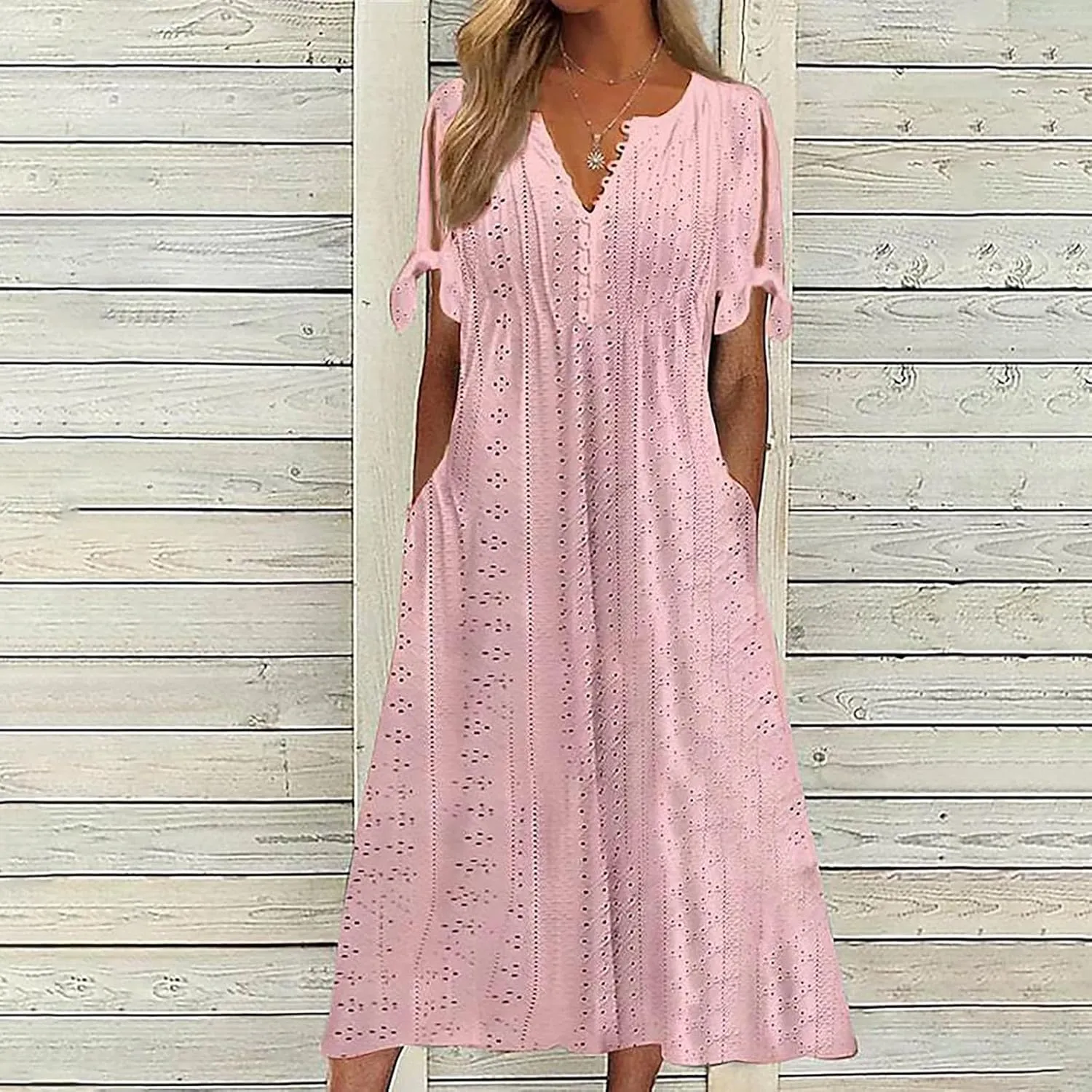 Elegant Summer Dresses for Women 2024 Trendy Tie Short Sleeve Button Down v Neck Eyelet Maxi Long Tshirt Dress