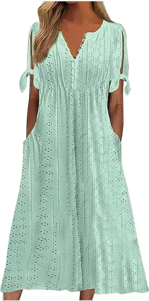 Elegant Summer Dresses for Women 2024 Trendy Tie Short Sleeve Button Down v Neck Eyelet Maxi Long Tshirt Dress