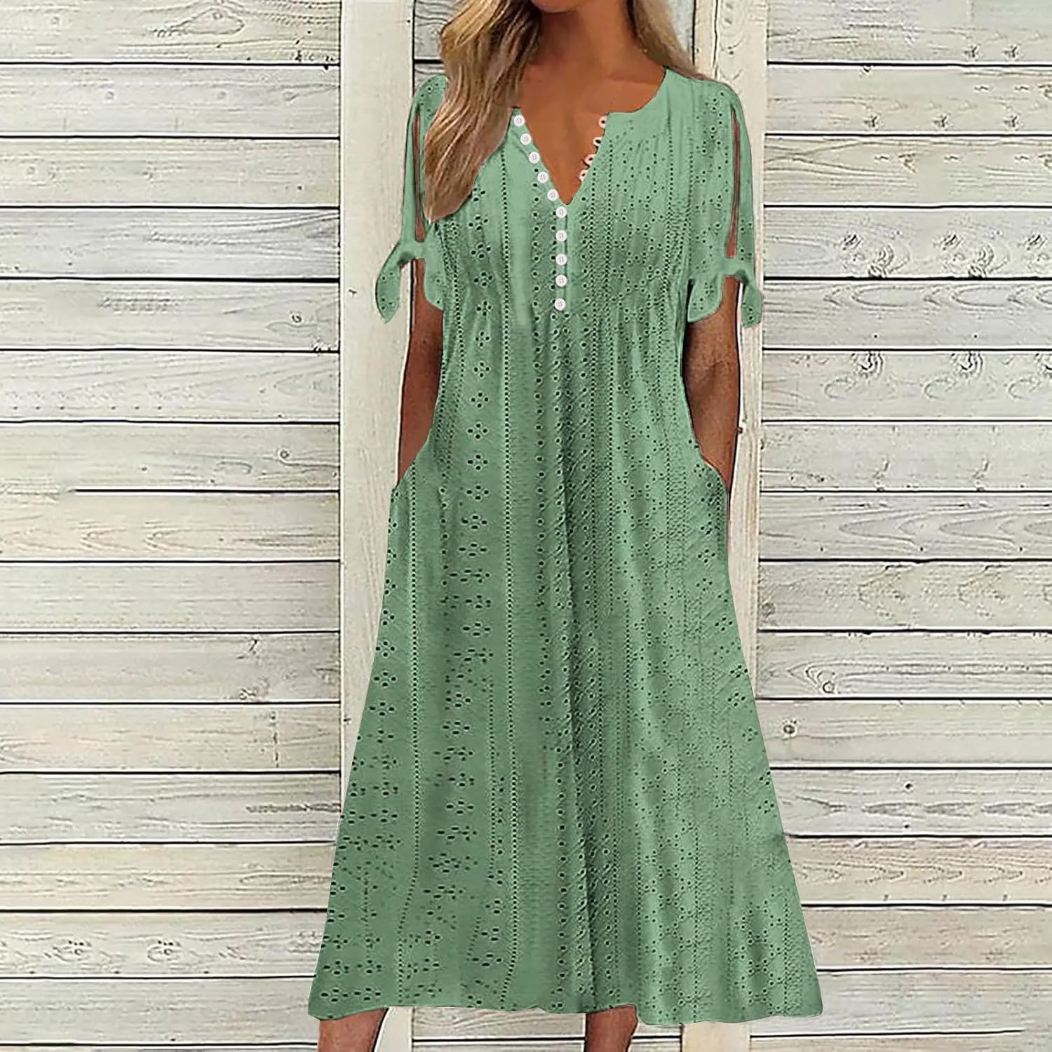 Elegant Summer Dresses for Women 2024 Trendy Tie Short Sleeve Button Down v Neck Eyelet Maxi Long Tshirt Dress