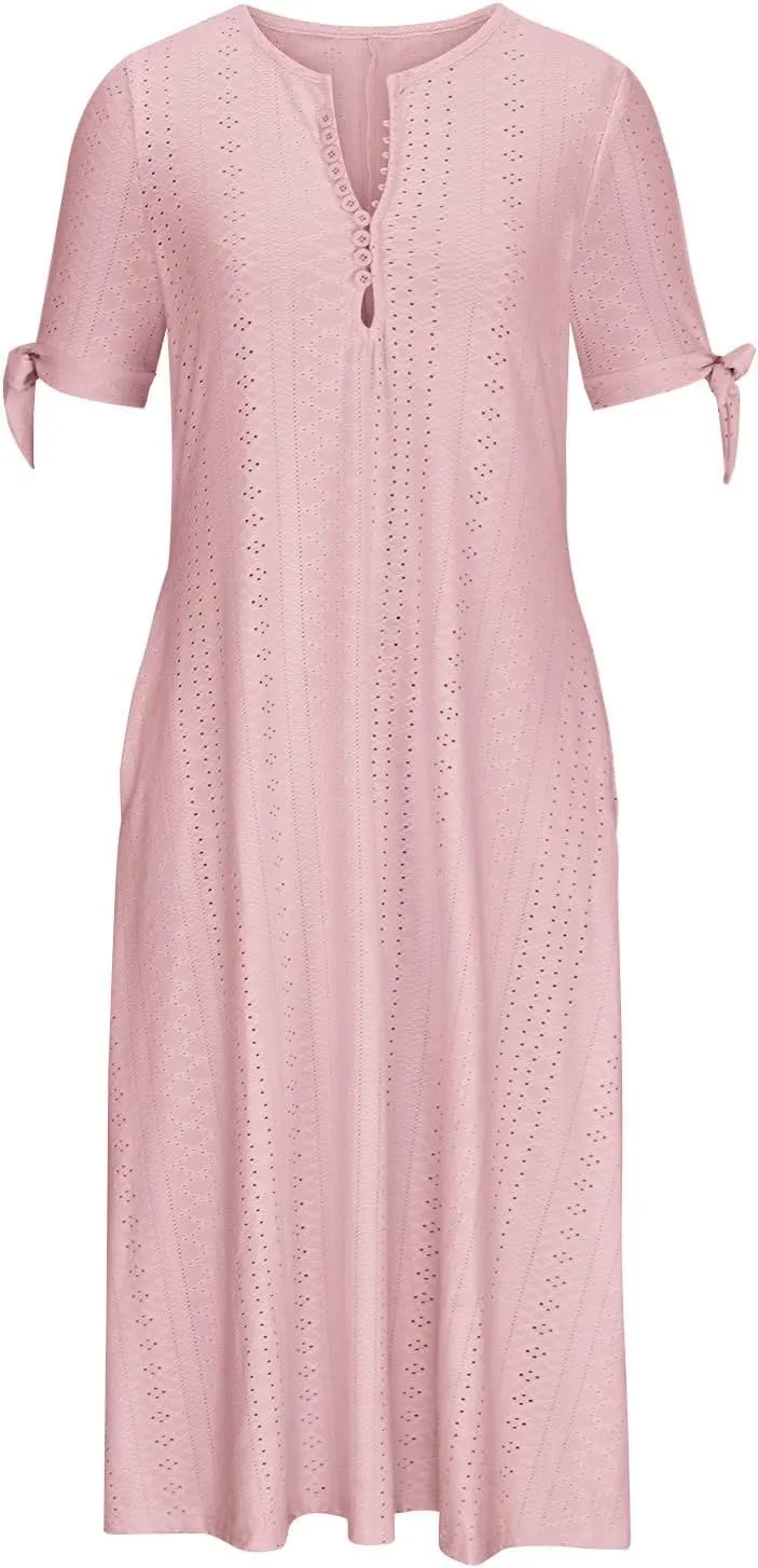 Elegant Summer Dresses for Women 2024 Trendy Tie Short Sleeve Button Down v Neck Eyelet Maxi Long Tshirt Dress