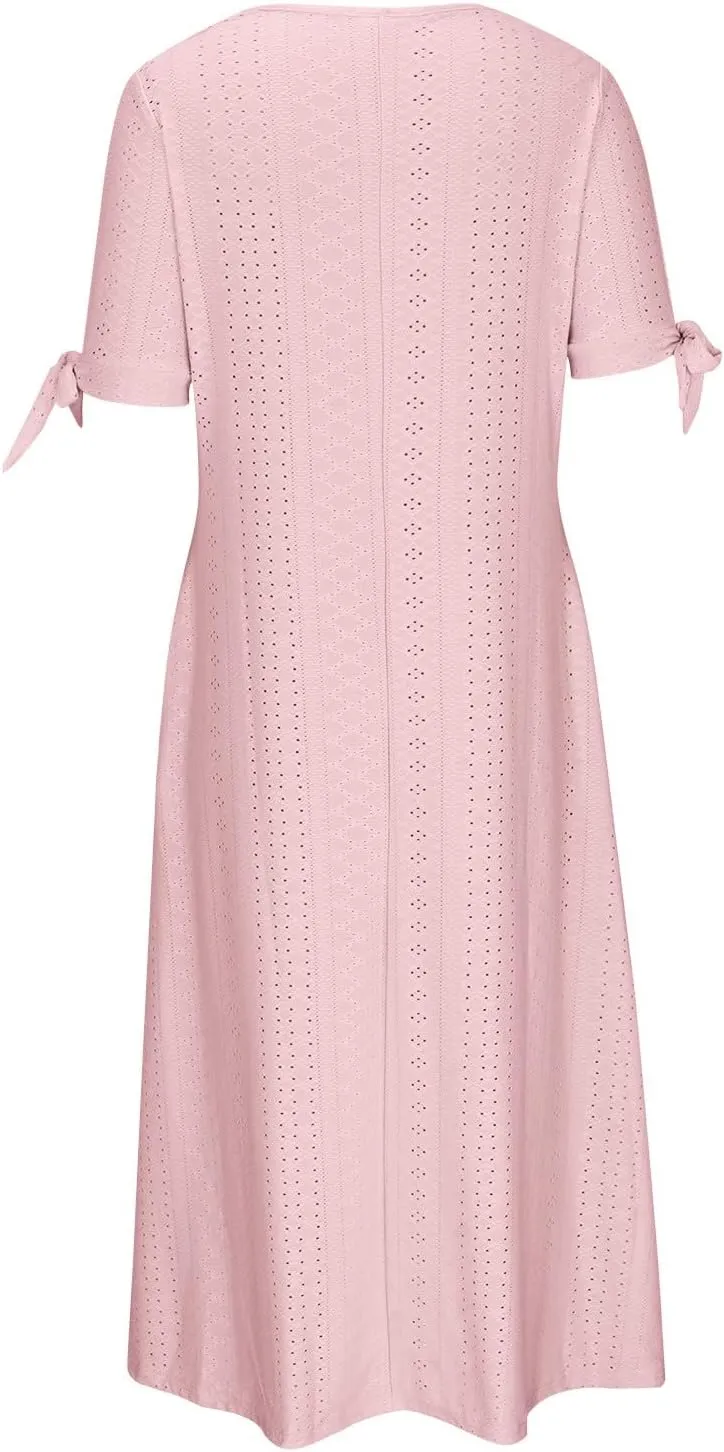Elegant Summer Dresses for Women 2024 Trendy Tie Short Sleeve Button Down v Neck Eyelet Maxi Long Tshirt Dress