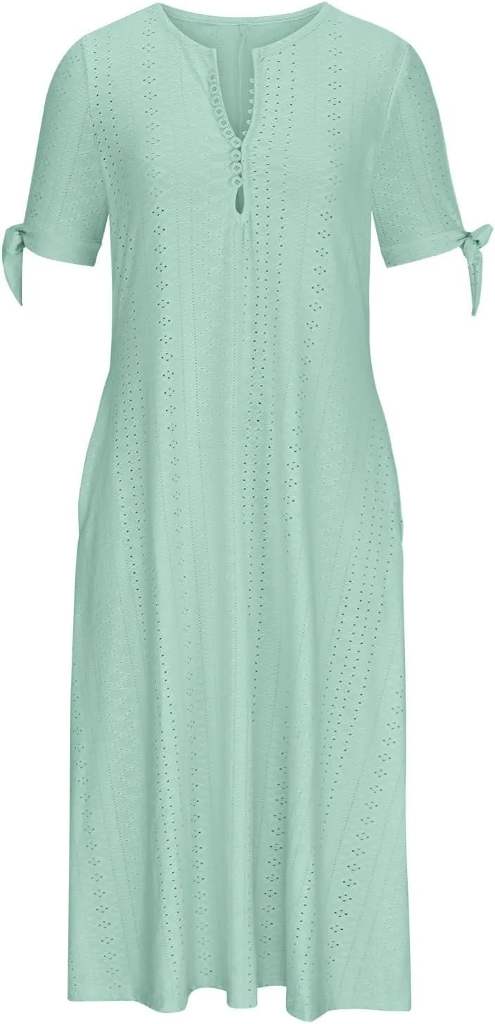 Elegant Summer Dresses for Women 2024 Trendy Tie Short Sleeve Button Down v Neck Eyelet Maxi Long Tshirt Dress