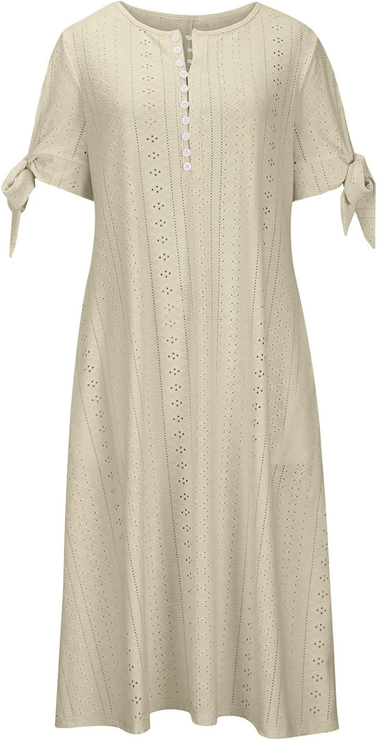 Elegant Summer Dresses for Women 2024 Trendy Tie Short Sleeve Button Down v Neck Eyelet Maxi Long Tshirt Dress