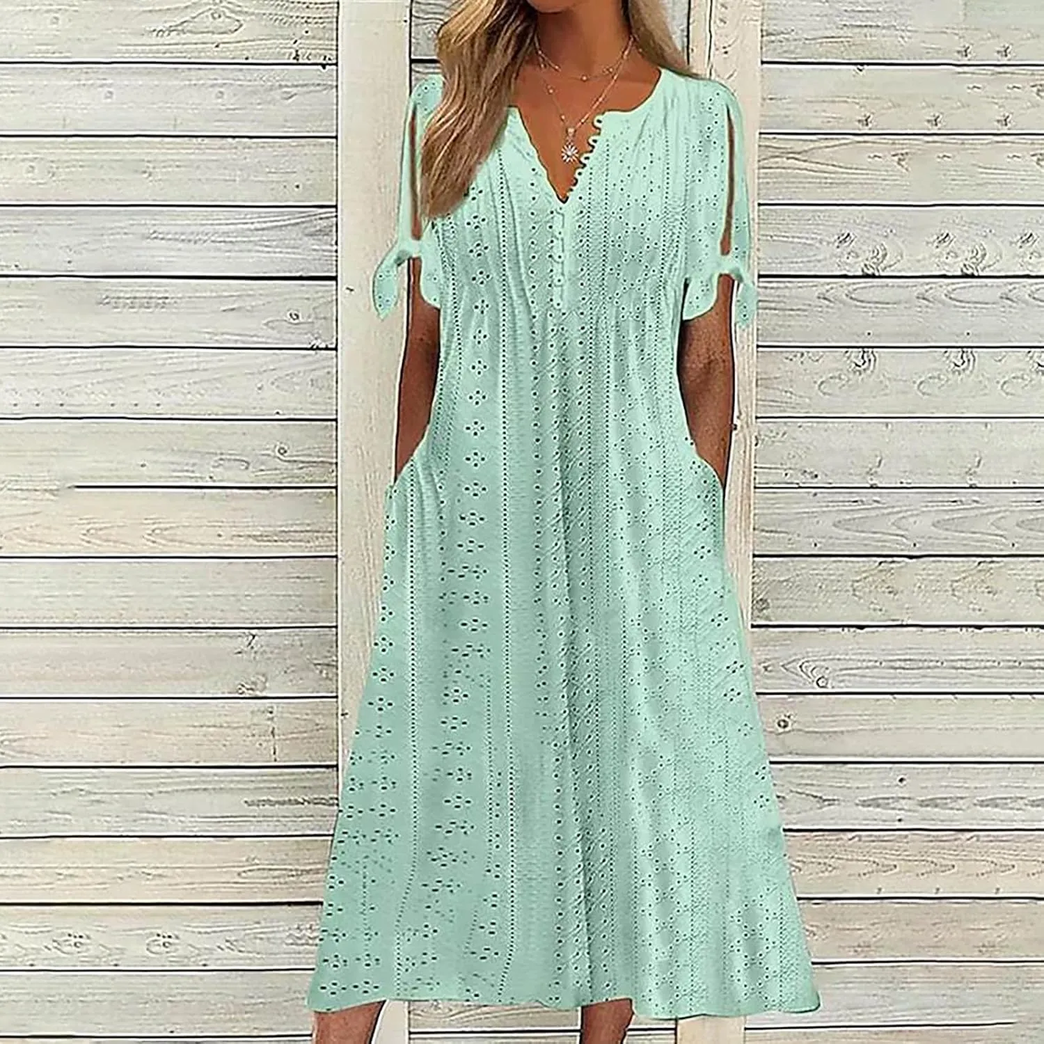 Elegant Summer Dresses for Women 2024 Trendy Tie Short Sleeve Button Down v Neck Eyelet Maxi Long Tshirt Dress