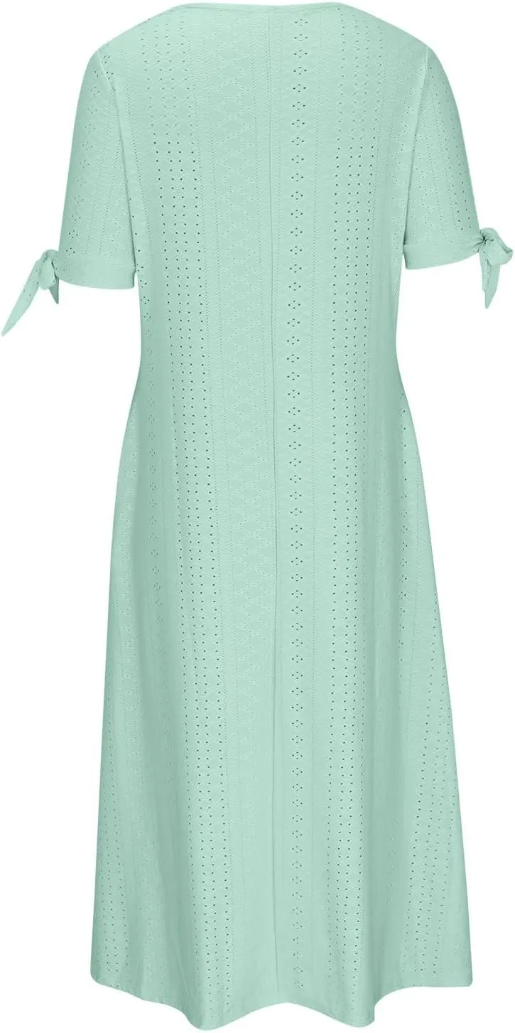 Elegant Summer Dresses for Women 2024 Trendy Tie Short Sleeve Button Down v Neck Eyelet Maxi Long Tshirt Dress