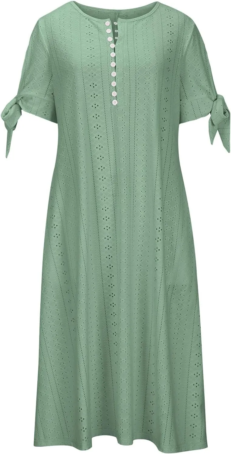Elegant Summer Dresses for Women 2024 Trendy Tie Short Sleeve Button Down v Neck Eyelet Maxi Long Tshirt Dress