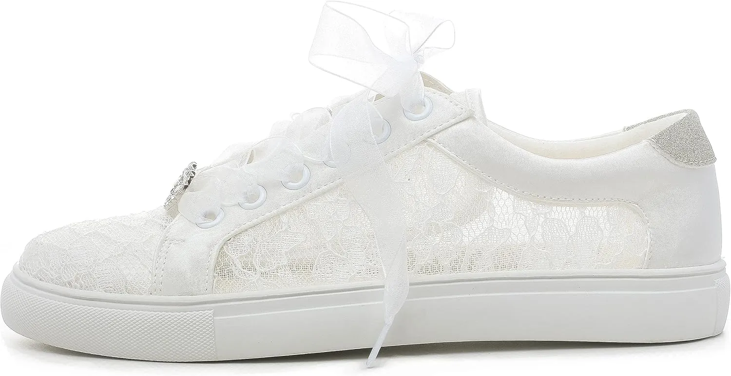 Elivandon 16053 Wedding Shoes Bridal Sneakers Flats Bride Tennis Shoes Flowers Lace Sneakers