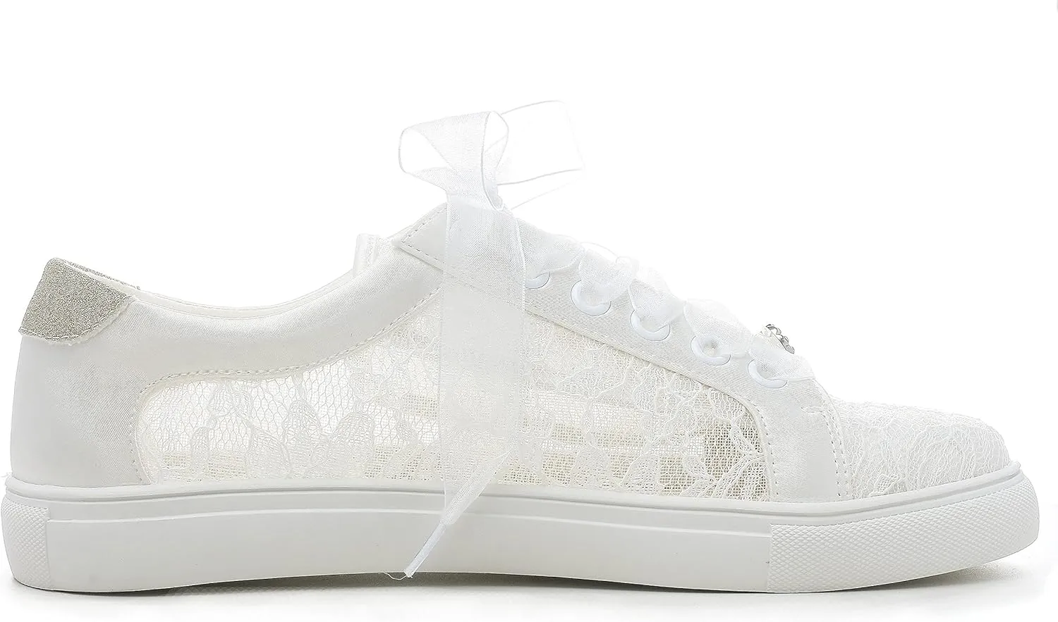 Elivandon 16053 Wedding Shoes Bridal Sneakers Flats Bride Tennis Shoes Flowers Lace Sneakers