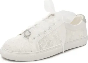 Elivandon 16053 Wedding Shoes Bridal Sneakers Flats Bride Tennis Shoes Flowers Lace Sneakers