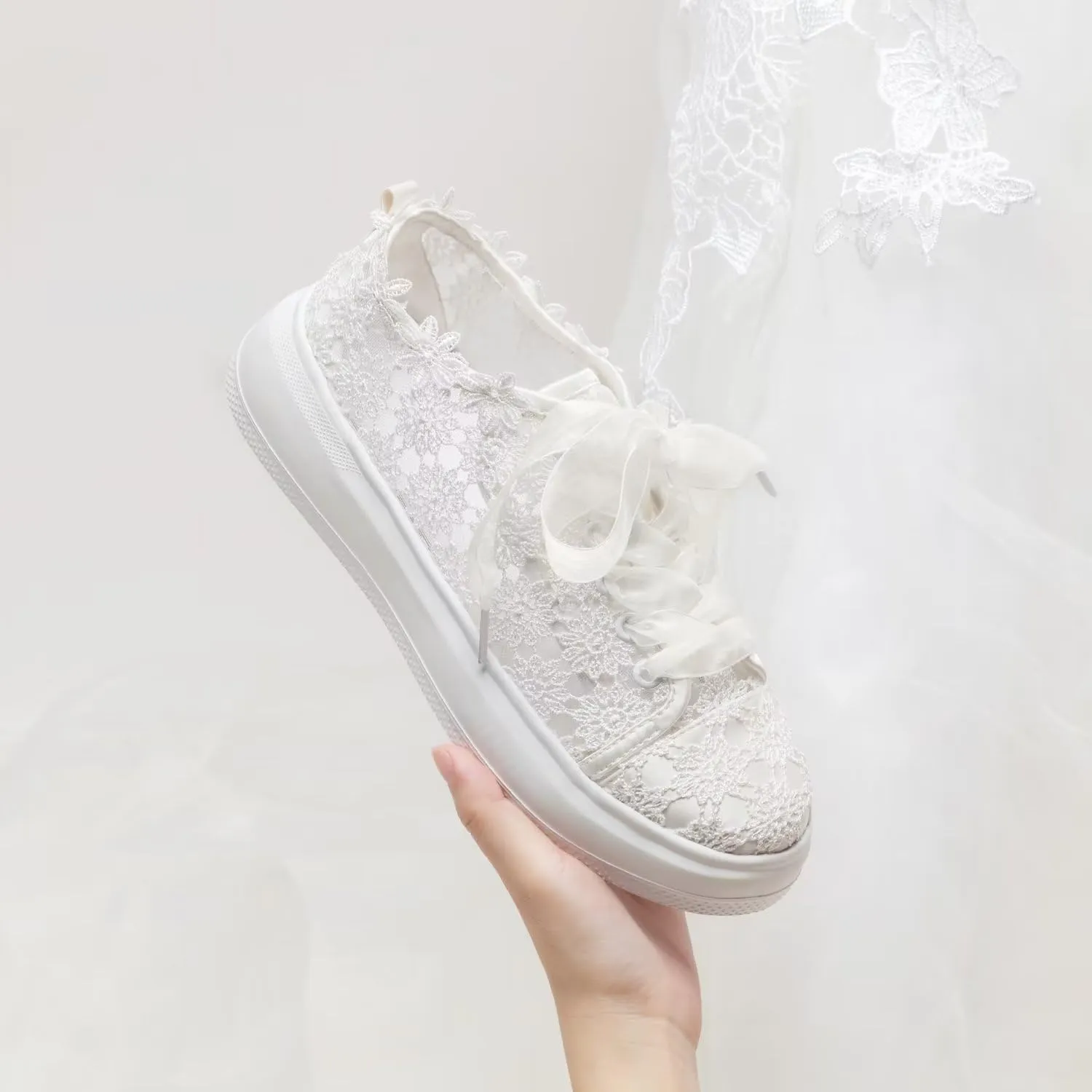 Emily Bridal 115-11 Women's Wedding Sneakers Flats Tennis Shoes Flower Lace Sneakers