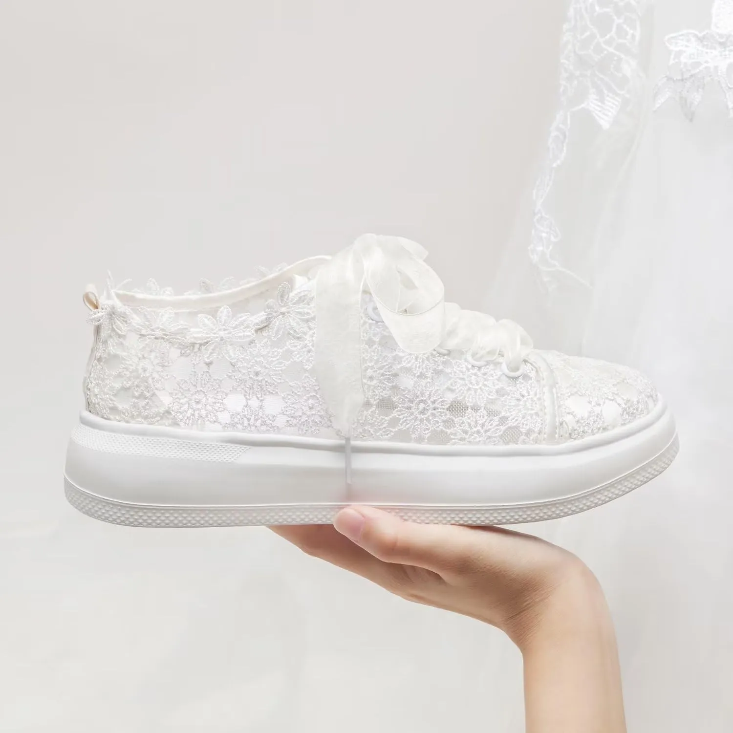 Emily Bridal 115-11 Women's Wedding Sneakers Flats Tennis Shoes Flower Lace Sneakers