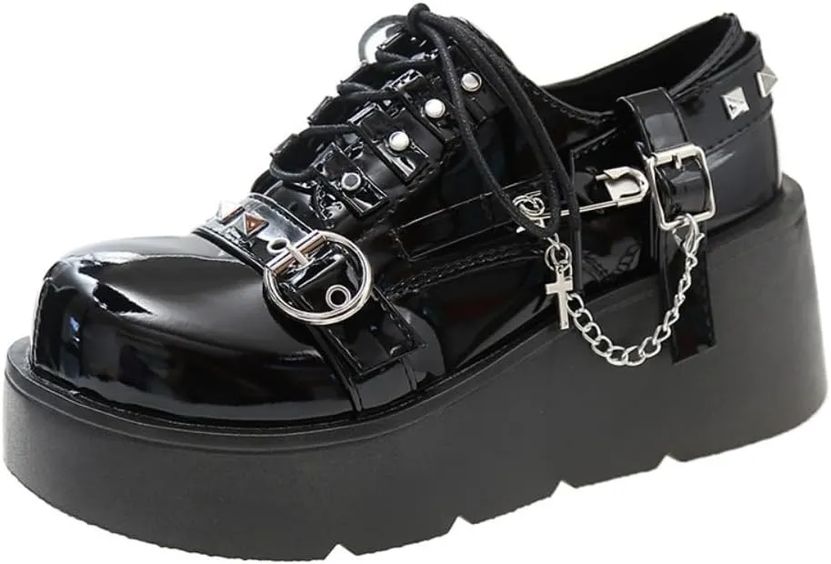 Emo Shoes Rave Boots Y2K Grunge Chunky Chain Decorated Shoes Round Toe for Women Preppy Teen Girls - Non Slip Kawaii Cute Casual Lightweight Running Birthday Gifts Comfortable Walking Back To School