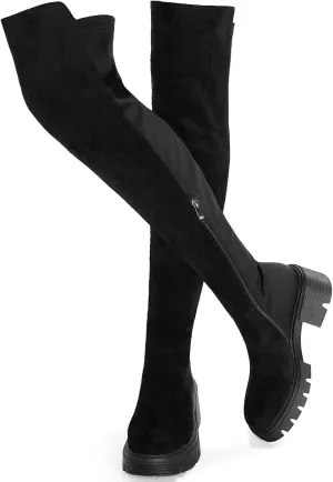 ErikenUrben Women Black Thigh High Boots Suede Over The Knee High Boots Platform Chunky Heel Stretch Boots Zip