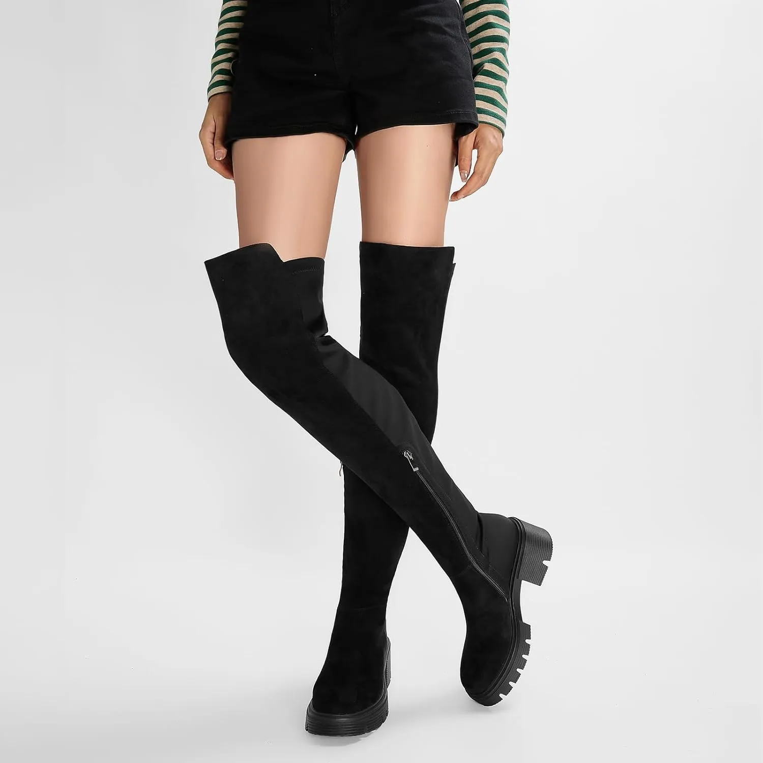 ErikenUrben Women Black Thigh High Boots Suede Over The Knee High Boots Platform Chunky Heel Stretch Boots Zip