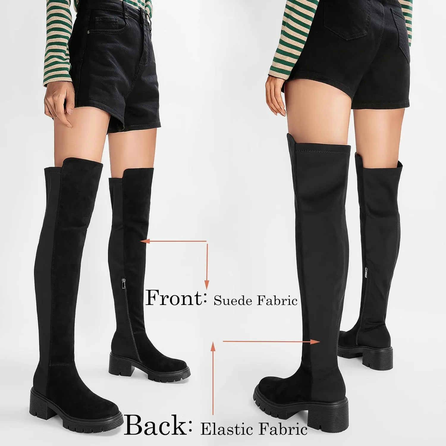 ErikenUrben Women Black Thigh High Boots Suede Over The Knee High Boots Platform Chunky Heel Stretch Boots Zip