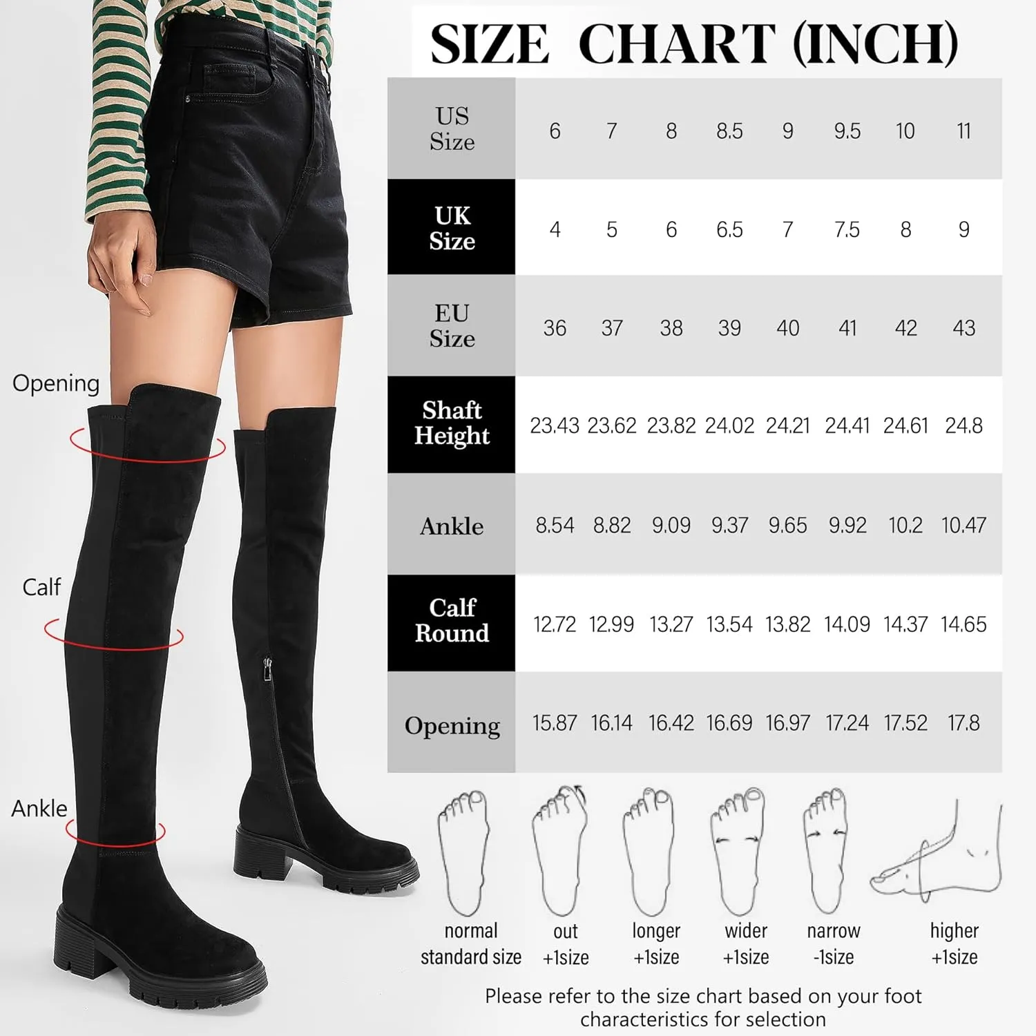 ErikenUrben Women Black Thigh High Boots Suede Over The Knee High Boots Platform Chunky Heel Stretch Boots Zip